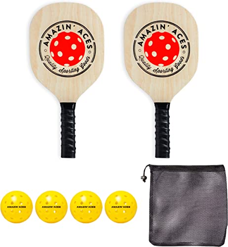 Amazin' Aces Pickleball Wood 2-Paddle Set - Pickleball Paddle Set Includes 2 Wood Pickleball Paddles, 4 Pickleballs, 1 Mesh Carry Bag, and 1 Quality Box