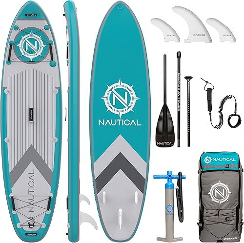 iROCKER Nautical Inflatable Stand Up Paddle Board, Superb Maneuverability SUP with Roller Bag, Adjustable Paddle, Pump, Leash, Fins & Repair Kit