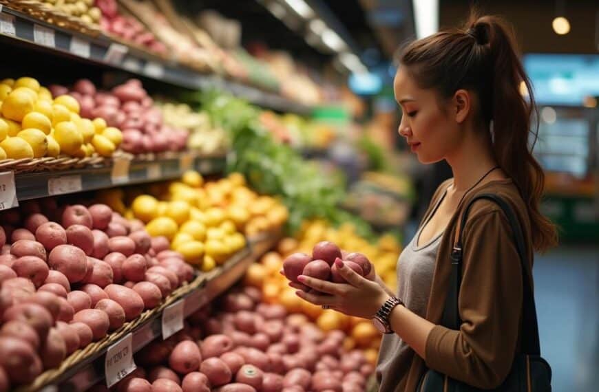 woman choosing red potatoes in grocery store