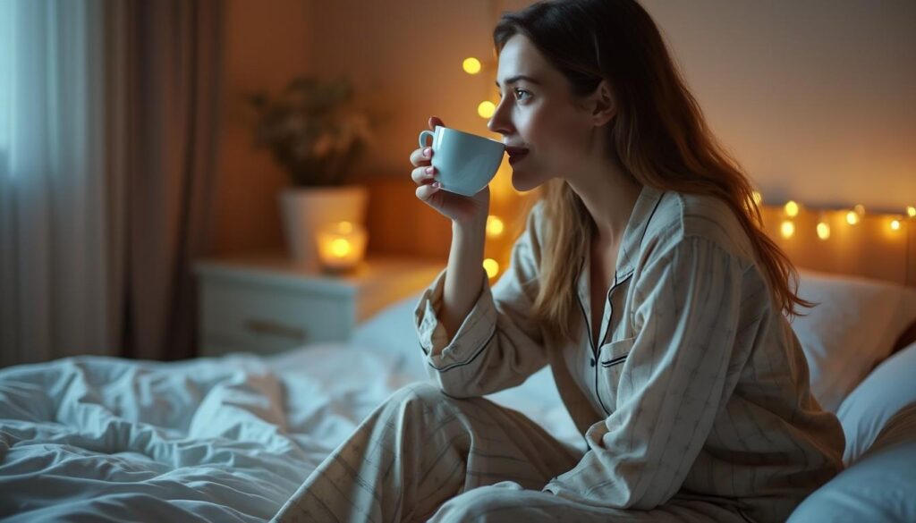 woman drinking chamomile tea before bed