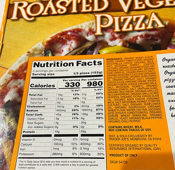 Trader Joes Organic Roasted Vegetable Pizza ingredients and calories