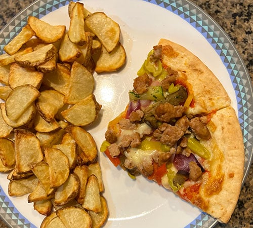 Trader Joes Organic Roasted Vegetable Pizza with potato wedges