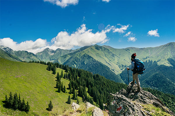 guy hiking green mountains