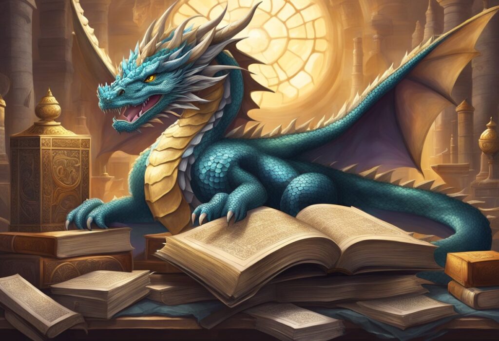 teal dragon in library