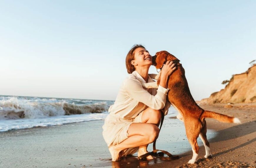 woman at beach with dog