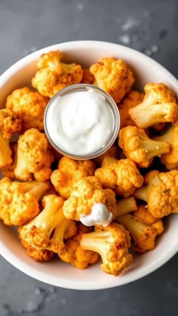 Bowl of Air Fryer Cauliflower Buffalo Bites with a small cup of dip