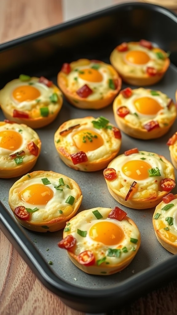 Air fryer egg muffins with toppings in a tray