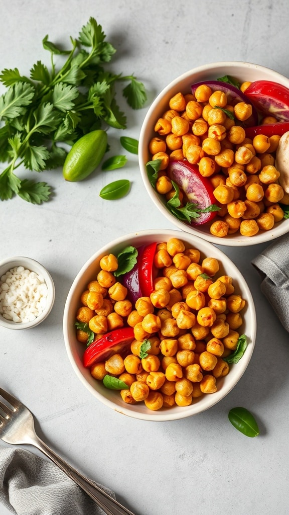 Two bowls of Mediterranean chickpeas with veggies on a gray background.