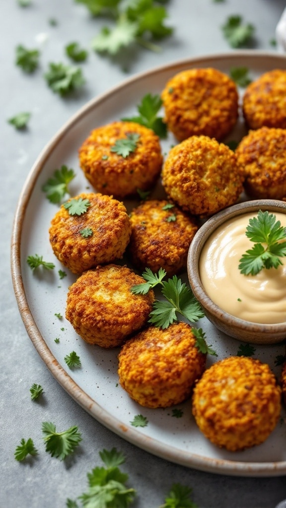 A plate of baked falafel balls garnished with cilantro and served with tahini sauce.