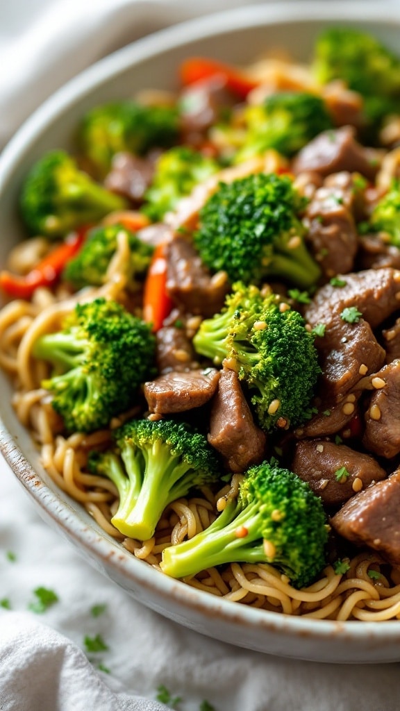 A bowl of beef and broccoli stir-fry with noodles and vibrant colors.