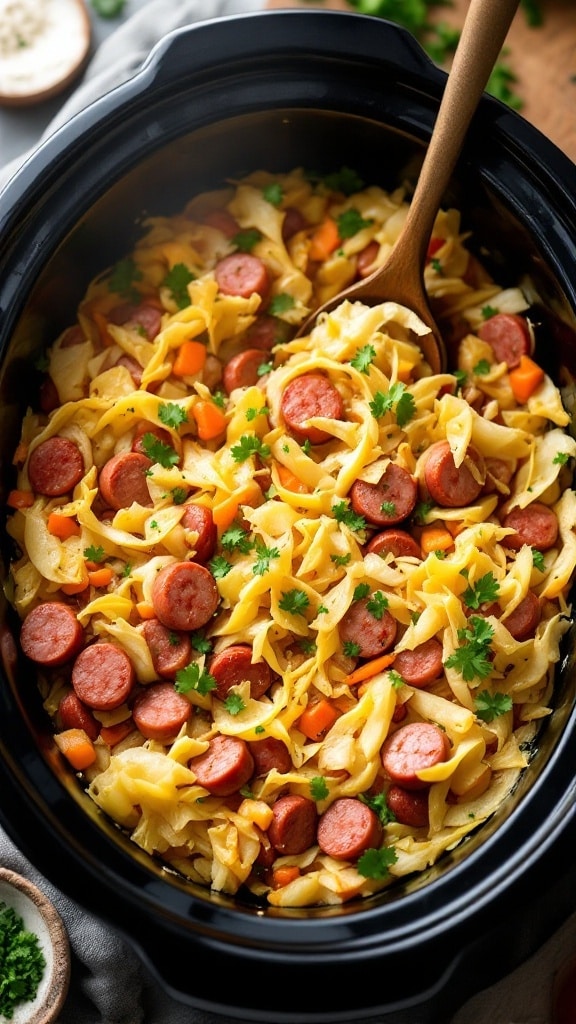 A slow cooker filled with cabbage, sausage, and noodles, garnished with green herbs.