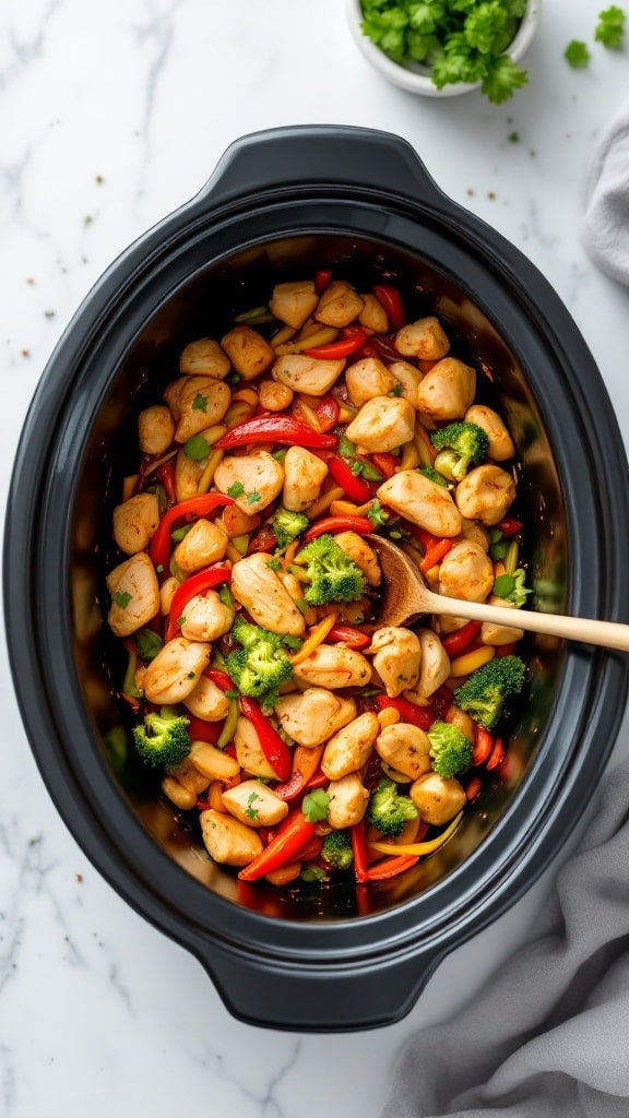 A slow cooker filled with chicken and colorful vegetables