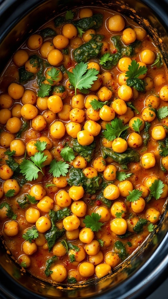 A delicious chickpea and spinach curry in a slow cooker.