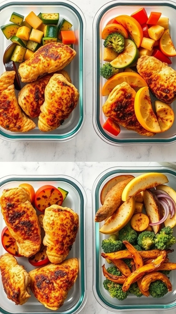 Two meal prep containers filled with crispy air fryer chicken and mixed vegetables.