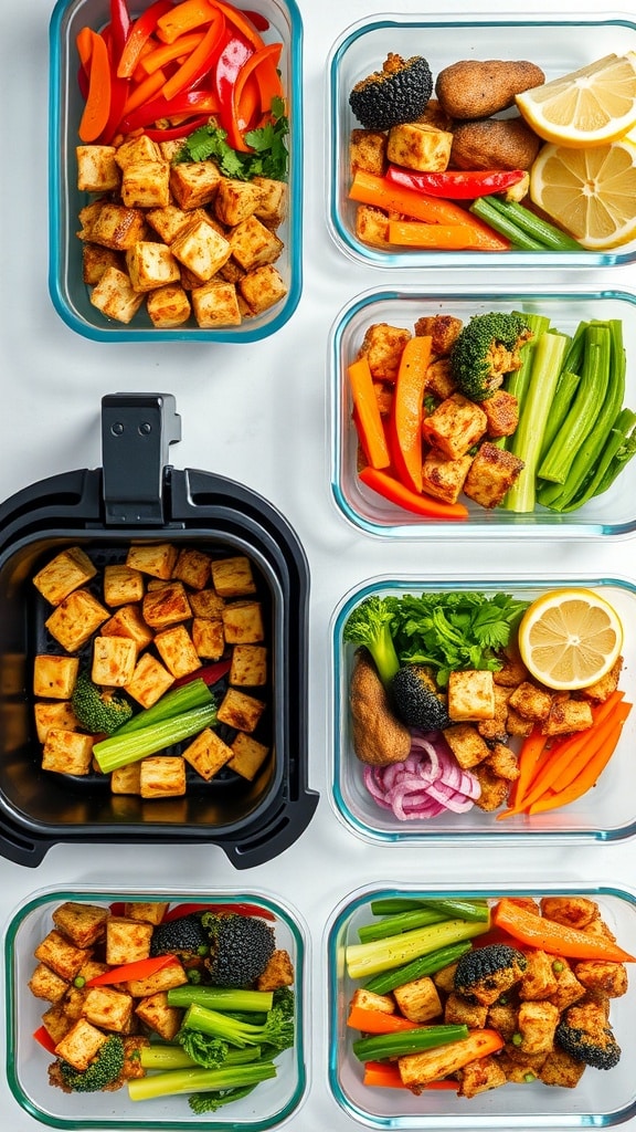 Meal prep containers filled with crispy tofu and assorted vegetables