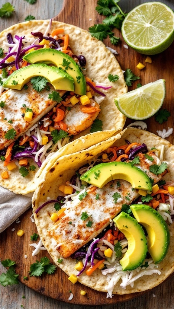 Two fish tacos with avocado slices and colorful slaw on a wooden platter