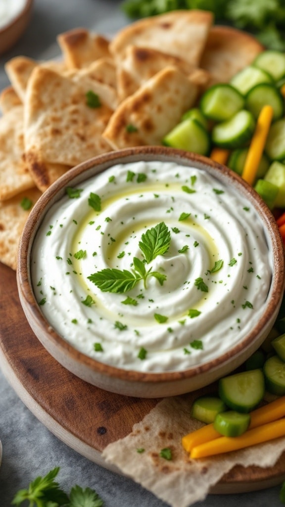 A bowl of Greek yogurt and cucumber dip garnished with herbs, surrounded by pita chips and colorful vegetables.