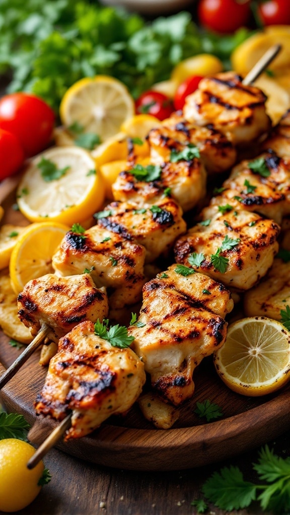 Delicious grilled lemon herb chicken skewers garnished with fresh herbs and served with sliced lemons.