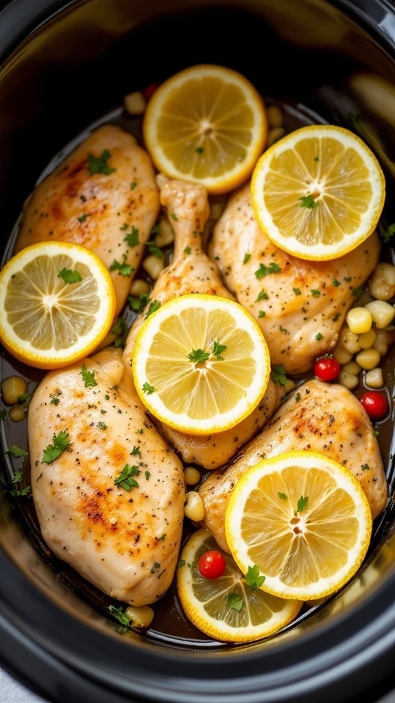 Slow cooker with chicken breasts and lemon slices