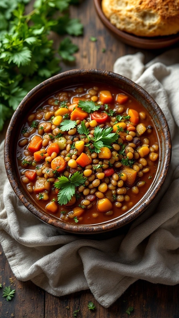 A hearty lentil and vegetable stew in a bowl, garnished with fresh herbs.