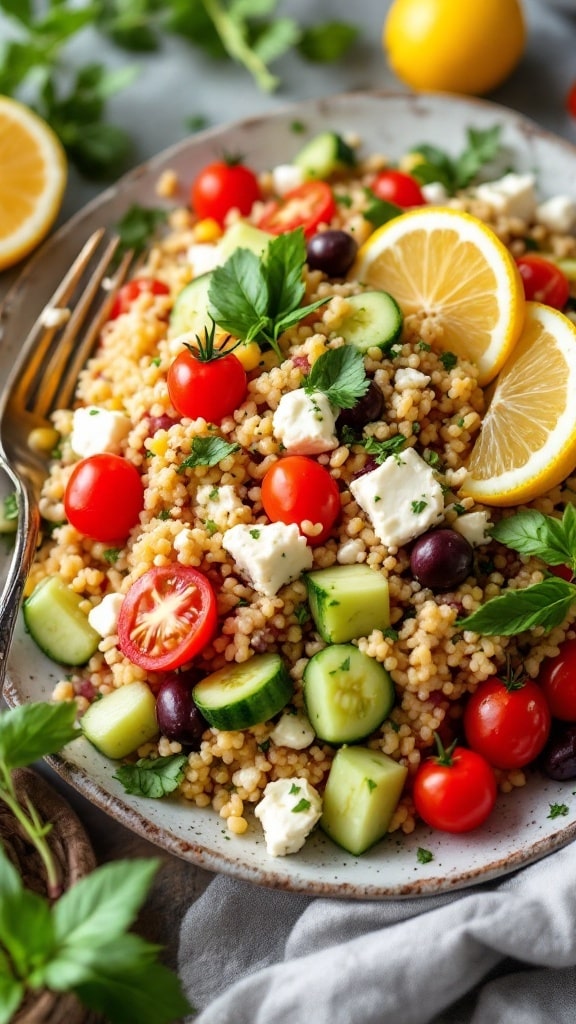 A colorful Mediterranean couscous salad with cherry tomatoes, cucumbers, feta cheese, and lemon slices.