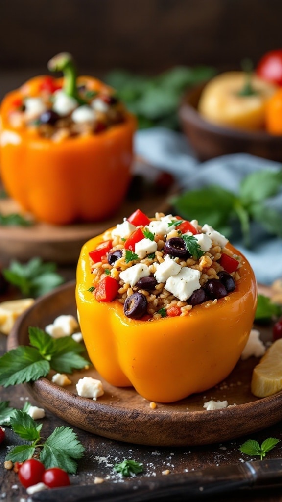 Colorful stuffed peppers filled with quinoa, black beans, and veggies, garnished with herbs.