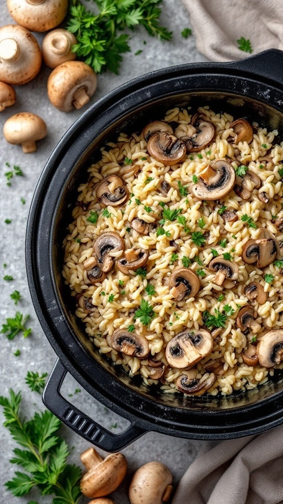 A bowl of creamy mushroom risotto with parsley, surrounded by mushrooms.