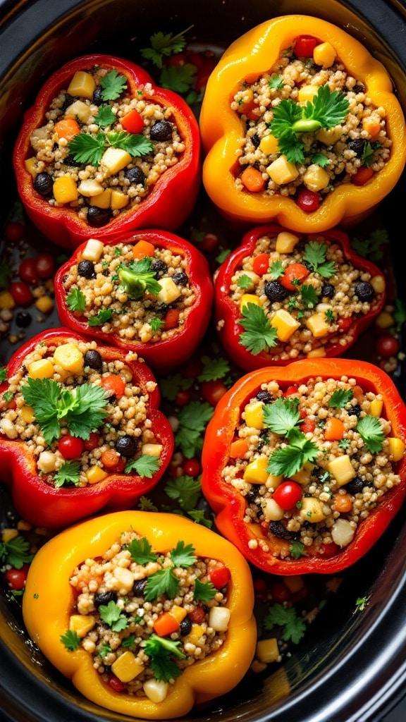 Colorful quinoa and vegetable stuffed peppers in a slow cooker