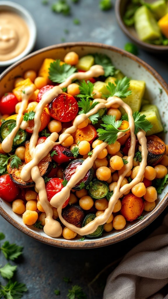 A vibrant bowl filled with roasted vegetables and chickpeas, topped with tahini sauce and garnished with fresh herbs.