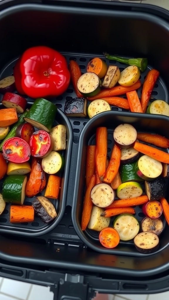 A variety of chopped vegetables including red peppers, zucchini, carrots, and purple potatoes arranged in an air fryer basket.