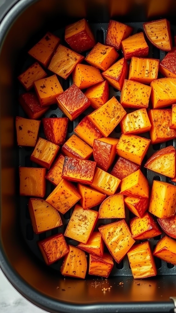 Diced sweet potatoes seasoned and ready to be air fried.