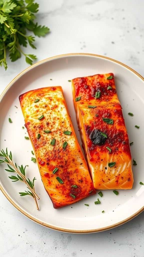 Two spicy salmon fillets garnished with herbs on a plate