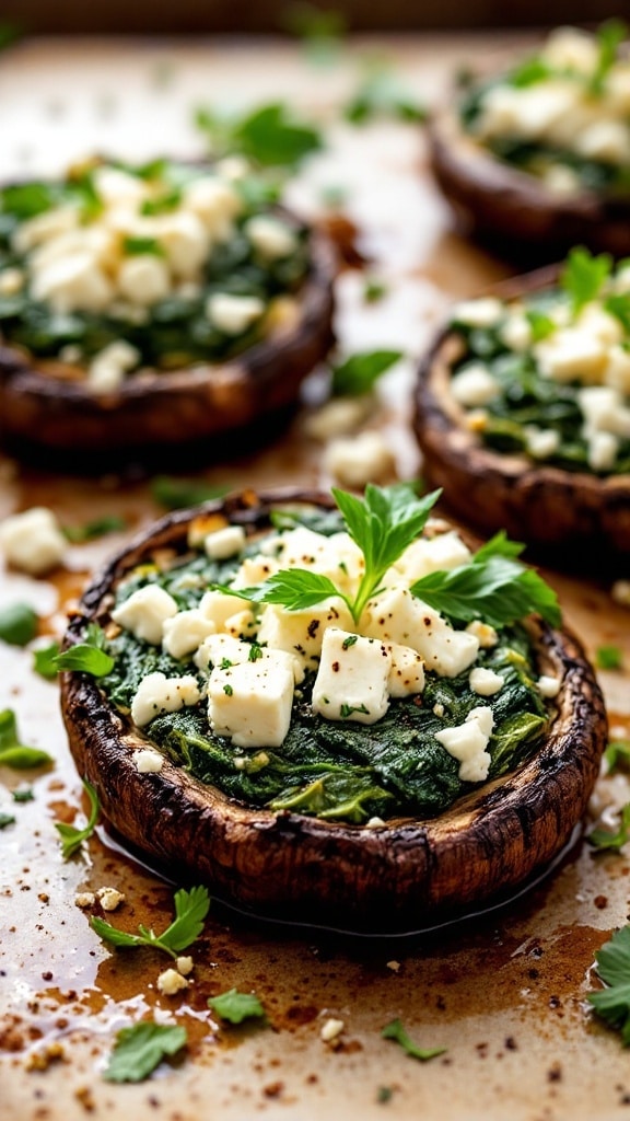 Spinach and feta stuffed portobello mushrooms on a baking sheet