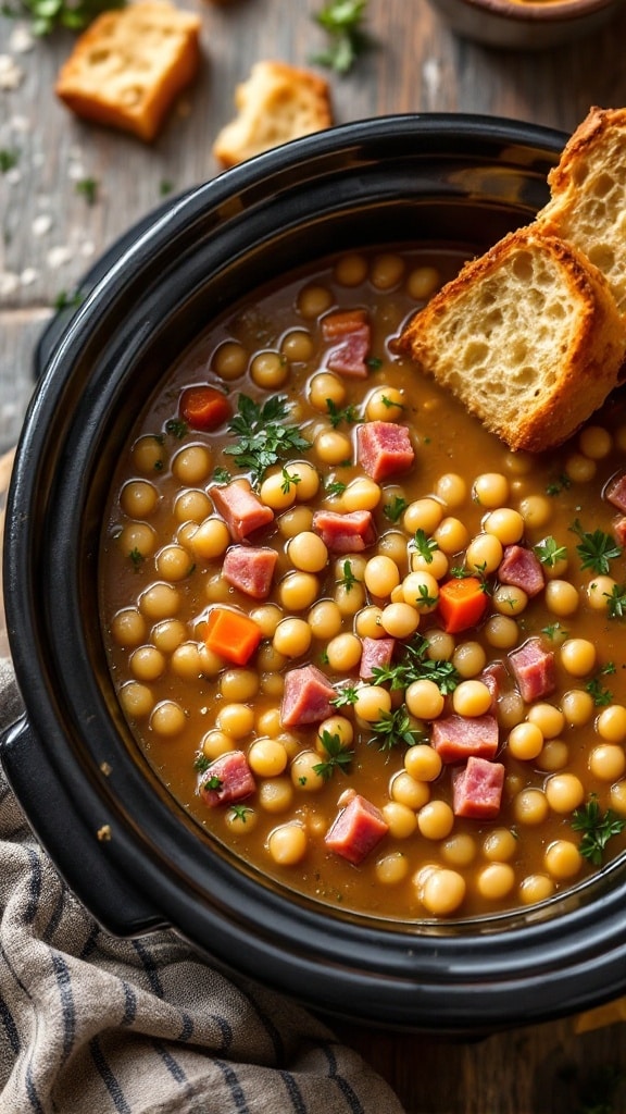 A bowl of split pea soup with ham, garnished with herbs and accompanied by bread.