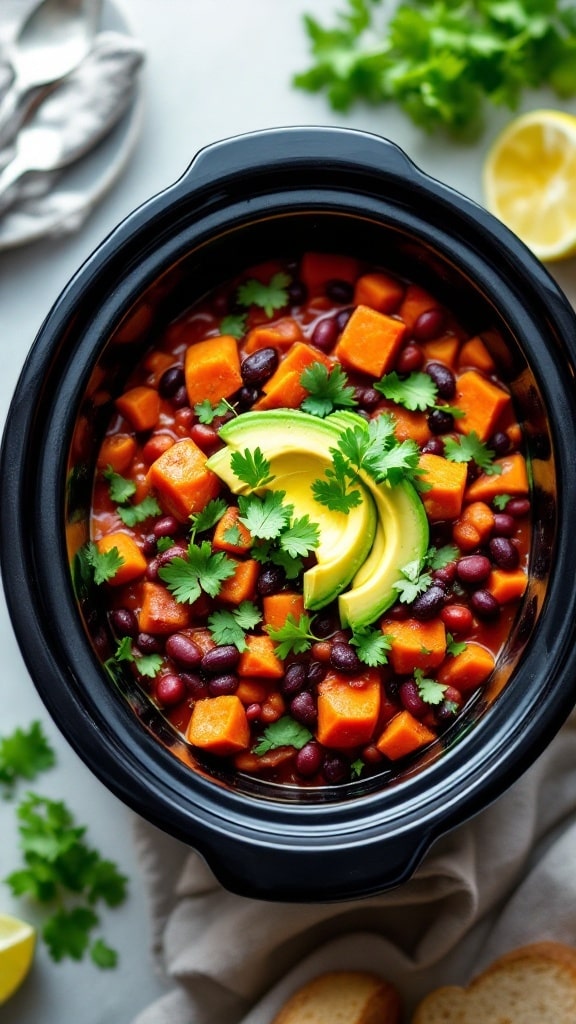 A slow cooker filled with sweet potato and black bean chili topped with cilantro and lime.