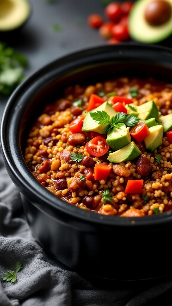 A bowl of turkey and quinoa chili topped with avocado and tomatoes