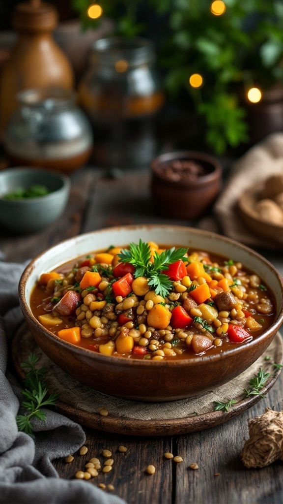 A bowl of vegetable lentil stew with colorful vegetables and lentils, garnished with fresh herbs.