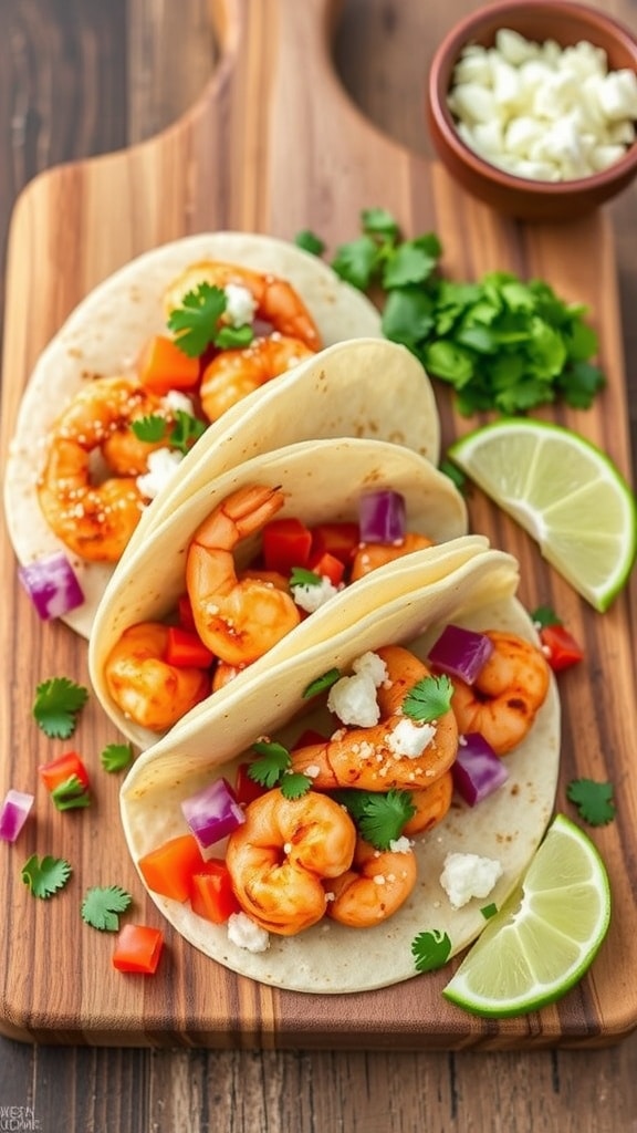 Air fryer shrimp tacos with lime and salsa on a wooden board