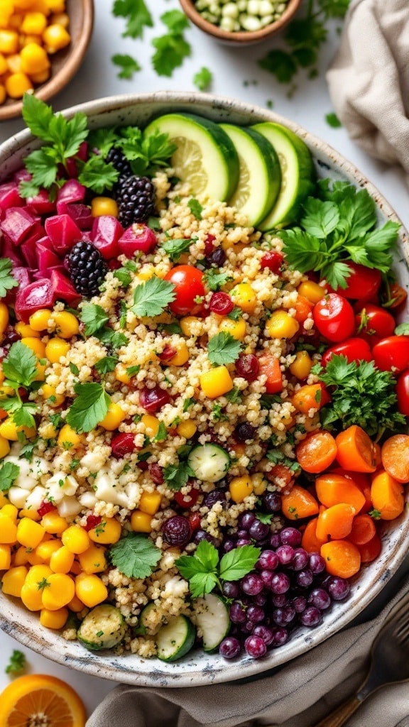 A vibrant quinoa tabbouleh salad with colorful vegetables and herbs.