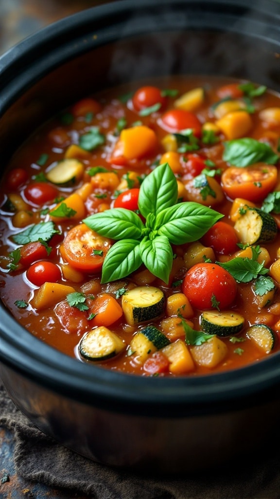 A close-up of zucchini and tomato stew in a slow cooker, garnished with fresh basil.